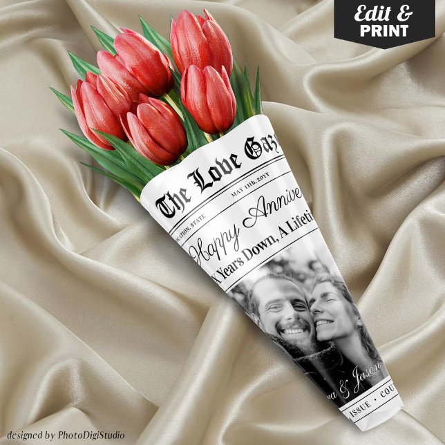 Editable Anniversary Newspaper Flower Bouquet Wrapping Paper Sheet (Editable Anniversary Newspaper Flower Bouquet Wrapping Paper Sheets)