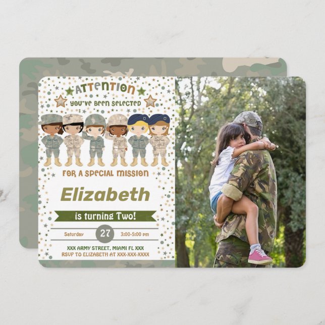 Editable Army Birthday Photo Invitations (Front/Back)