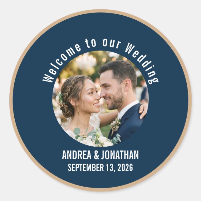 Editable Art Deco Wedding Invitation with Photo Classic Round Sticker (Front)