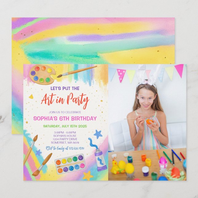 Editable Art Party Painting Party Birthday Photo Invitation (Front/Back)