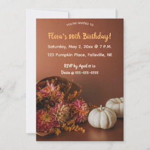 Editable Autumn Flowers and Pumpkins Birthday Invitation