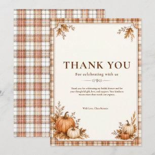 Editable Autumn Pumpkin Plaid Bridal Shower Rustic Thank You Card