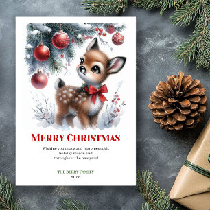 Editable Baby Deer Snowy Forest Watercolor Xmas Holiday Card