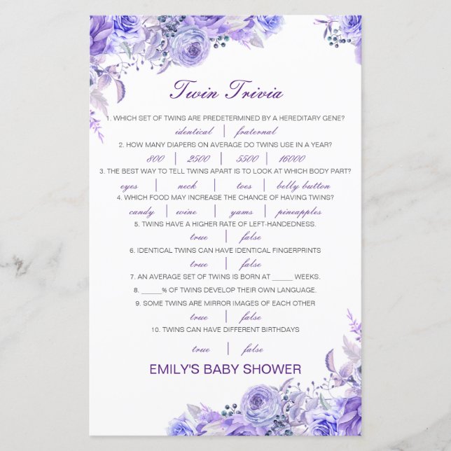 Editable Baby Twin Trivia Baby Shower with Answer (Front)