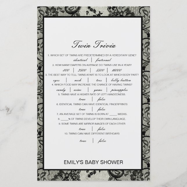 Editable Baby Twin Trivia Baby Shower with Answer (Front)