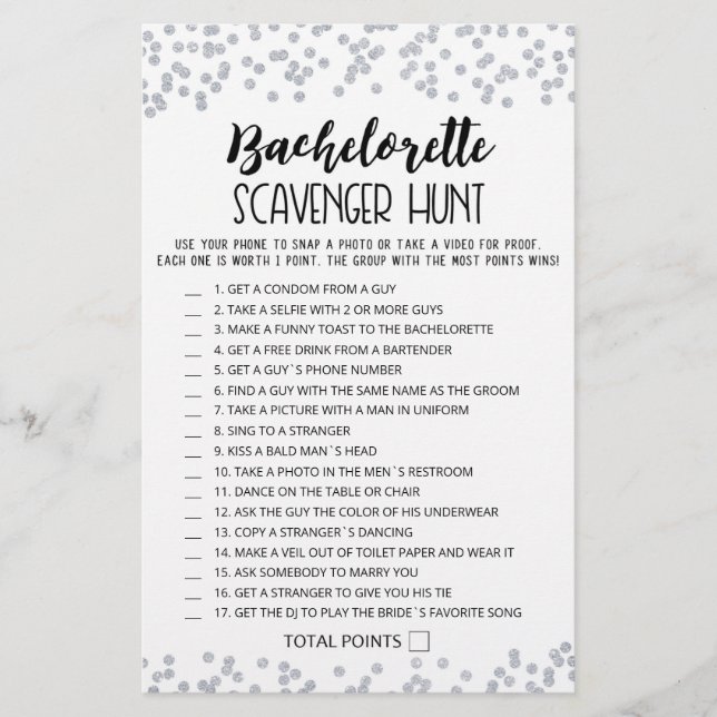 Editable Bachelorette Scavenger Hunt game (Front)