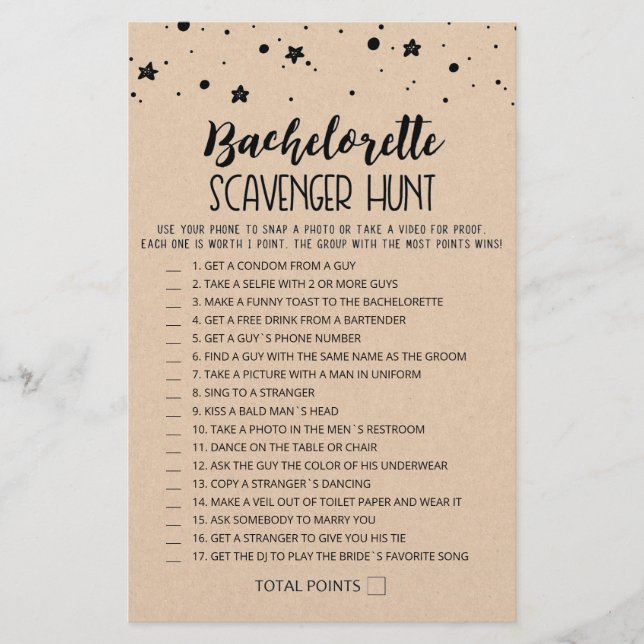 Editable Bachelorette Scavenger Hunt game (Front)