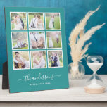 Editable Background Color Photo Collage Script Plaque<br><div class="desc">Photo Plaque with 9 square photos arranged in a grid layout each with a white border around them against an editable background color (click customize to change background color). You can also add your family name in a stylish calligraphy font and the year established. Perfect for wedding gifts, family keepsakes,...</div>
