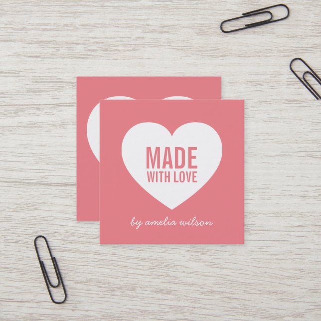 Editable Background Colour Made with Love Heart Square Business Card (Front/Back In Situ)