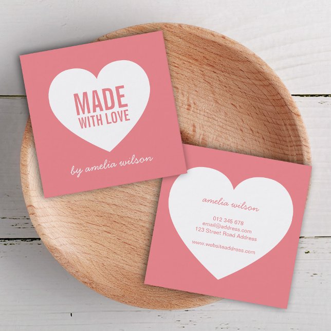 Editable Background Colour Made with Love Heart Square Business Card (Creator Uploaded)