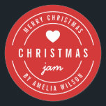 EDITABLE Background Colour Merry Christmas Jam  Classic Round Sticker<br><div class="desc">Round Modern Bold "Merry Christmas Jam" sticker featuring a heart and double border in white against a background colour that is editable (click customise and change background colour). It's perfect for labelling what you've made. Personalise it by replacing the placeholder text. For more options such as to change the background...</div>