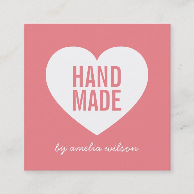 Editable Background Colour Modern Handmade Heart Square Business Card (Front)