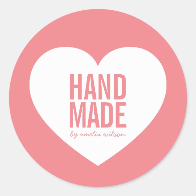 Editable Background Colour Modern Heart Handmade Classic Round Sticker (Front)