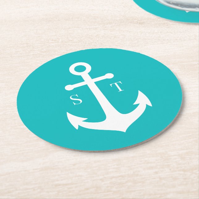 Editable Background Colour Monogram Anchor Wedding Round Paper Coaster (Angled)