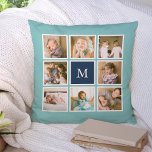 Editable Background Colour Monogram Photo Collage Cushion<br><div class="desc">Monogram pillow with 8 square photos arranged in a grid layout with a white border around them on the front and back side making it 16 photos in total that you can replace with you own photos all against an editable background colour (click "customise" to change background colour). You can...</div>