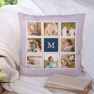 Editable Background Colour Monogram Photo Collage Cushion