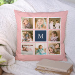 Editable Background Colour Monogram Photo Collage Cushion<br><div class="desc">Monogram pillow with 8 square photos arranged in a grid layout with a white border around them on the front and back side making it 16 photos in total that you can replace with you own photos all against an editable background colour (click "customise" to change background colour). You can...</div>