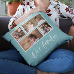 Editable Background Colour Our Family Photo Collag Cushion<br><div class="desc">Pillow featuring the words "Our Family" in a white stylish script with 4 photos with a white border around them arranged side by side on the front and back side making it 8 photos in total that you can replace with you own photos against an editable background colour (click "customise"...</div>