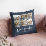 Editable Background Colour Our Family Photo Collag Cushion<br><div class="desc">Pillow featuring the words "Our Family" in a white stylish script with 4 photos with a white border around them arranged side by side on the front and back side making it 8 photos in total that you can replace with you own photos against an editable background colour (click "customise"...</div>