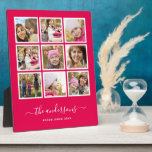 Editable Background Colour Photo Collage Script Plaque<br><div class="desc">Photo Plaque with 9 square photos arranged in a grid layout each with a white border around them against an editable background colour (click customise to change background colour). You can also add your family name in a stylish calligraphy font and the year established. Perfect for wedding gifts, family keepsakes,...</div>