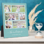 Editable Background Colour Six Photo Collage Plaque<br><div class="desc">Photo plaque with six photos arranged in a grid layout each with a white border around them and all against an editable background colour (click customise to change background colour). You can also add your family name in a stylish calligraphy font and the year established. Perfect for wedding gifts, family...</div>