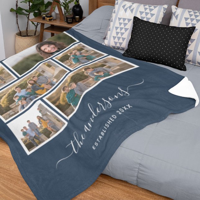 Editable Background Colour Six Photo Collage Scrip Fleece Blanket (Creator Uploaded)