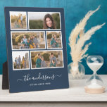 Editable Background Colour Six Photo Collage Scrip Plaque<br><div class="desc">Photo plaque with six photos arranged in a grid layout each with a white border around them and all against an editable background colour (click customise to change background colour). You can also add your family name in a stylish calligraphy font and the year established. Perfect for wedding gifts, family...</div>