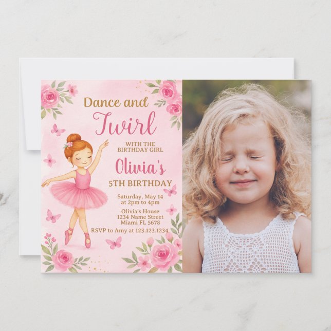 Editable Ballerina Birthday Invitation with photo (Front)