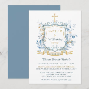  Editable Baptism Blue and Gold Monogram  Invitation