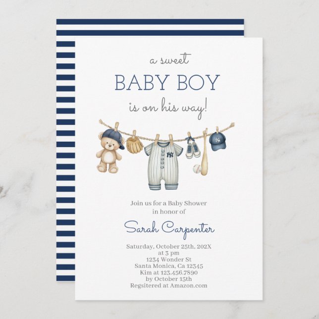 Editable Baseball Baby Shower Boy Invitation (Front/Back)
