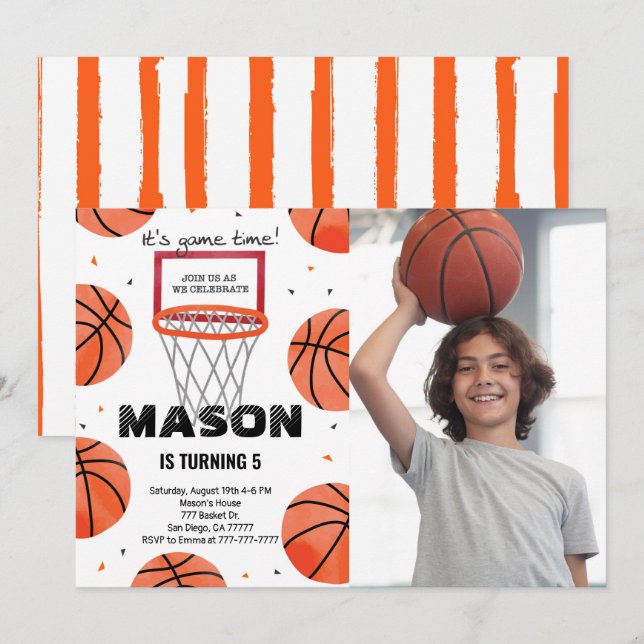 Editable basketball Birthday Photo Invitation (Front/Back)