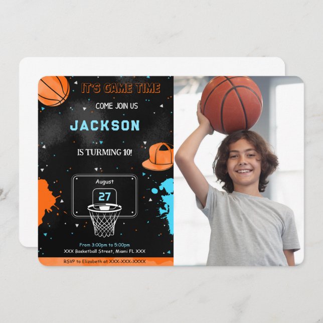 Editable Basketball Birthday Photo Invitation (Front/Back)