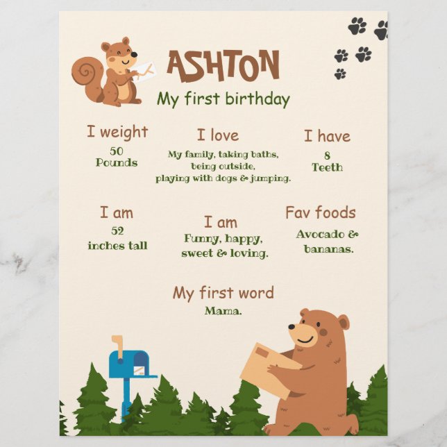 Editable Bear First Birthday Woodland Bear Boy 1st Flyer (Front)