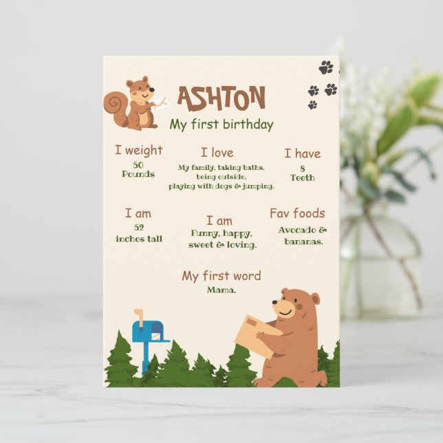 Editable Bear First Birthday Woodland Bear Boy 1st Invitation (Standing Front)