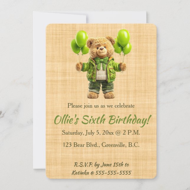 Editable Bear With Green Balloons Birthday Invitation (Front)