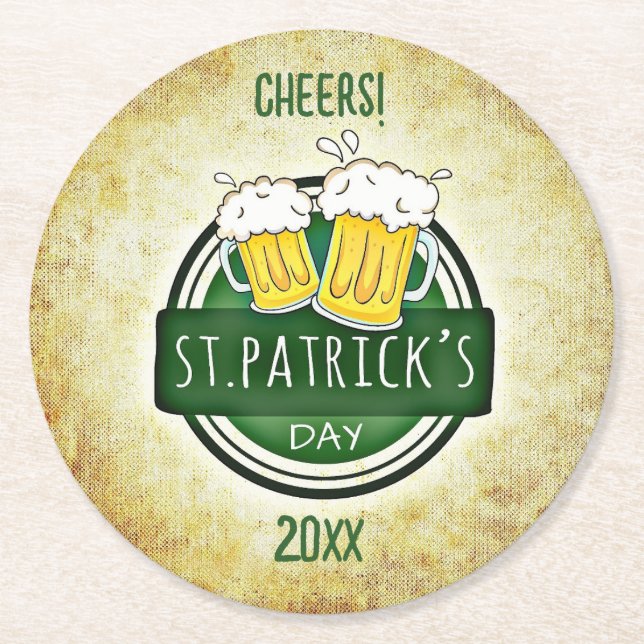 Editable Beer Steins St Patricks Day Round Paper Coaster (Front)