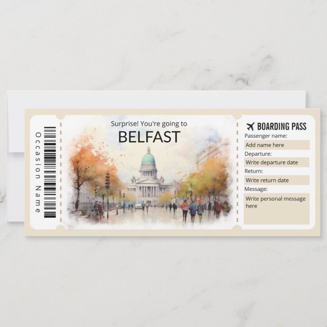 Editable Belfast Plane ticket, Ireland Trip Invitation (Front)