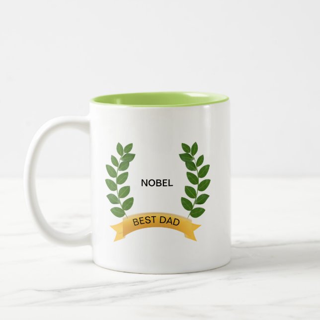 Editable Best Dad Name & Laurel Leaves Two-Tone Coffee Mug (Left)