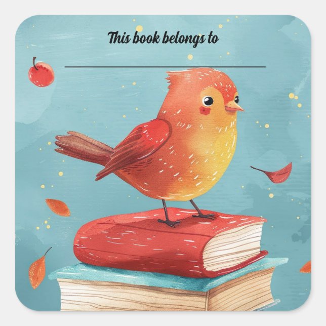 Editable Bird on Books Bookplate Sticker (Front)