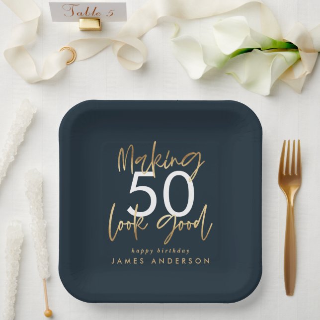 editable Birthday blue and gold simple elegant  Paper Plate (Wedding)