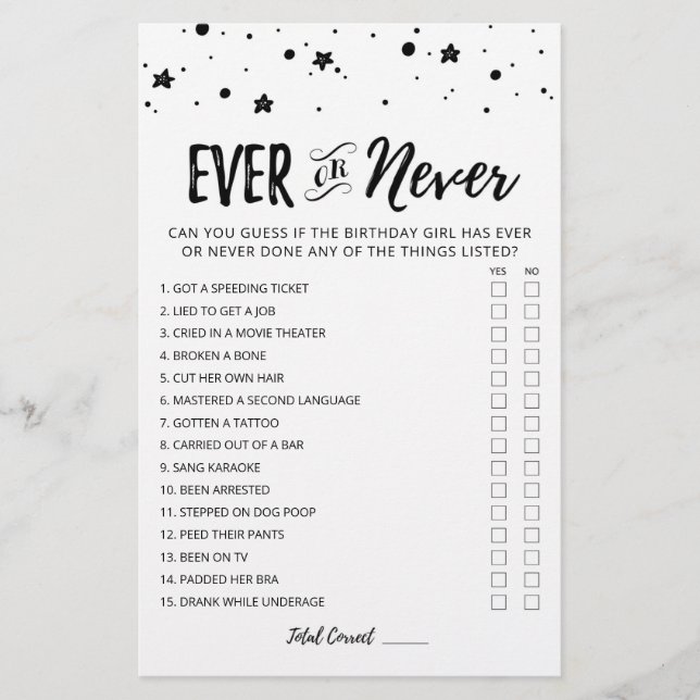 Editable Birthday Ever or Never Birthday Game (Front)