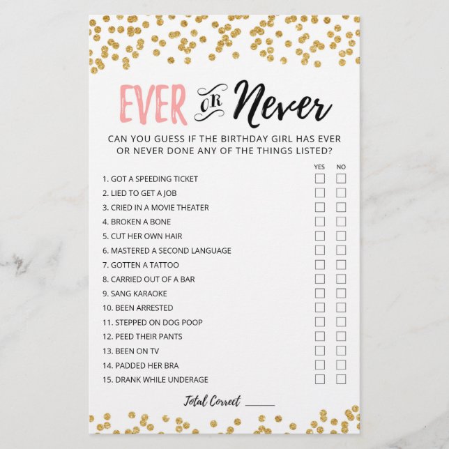 Editable Birthday Ever or Never Birthday Game (Front)