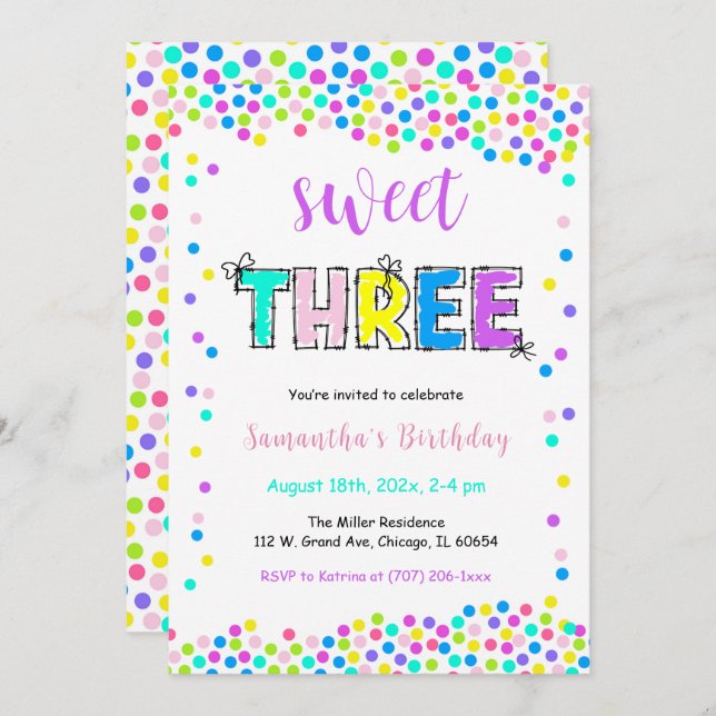 Editable Birthday Invitation Girl Age 3 (Front/Back)