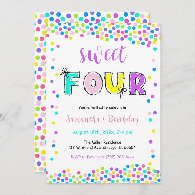 Editable Birthday Invitation Girl Age 4 (Front/Back)