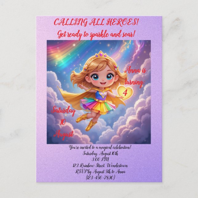 Editable Birthday Invitation – Superheroine Theme Postcard (Front)