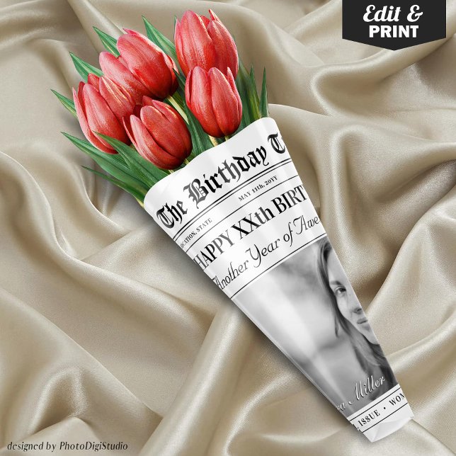 Editable Birthday Newspaper Flower Bouquet Wrapping Paper Sheet (Editable Birthday Newspaper Flower Bouquet Wrapping Paper Sheets)