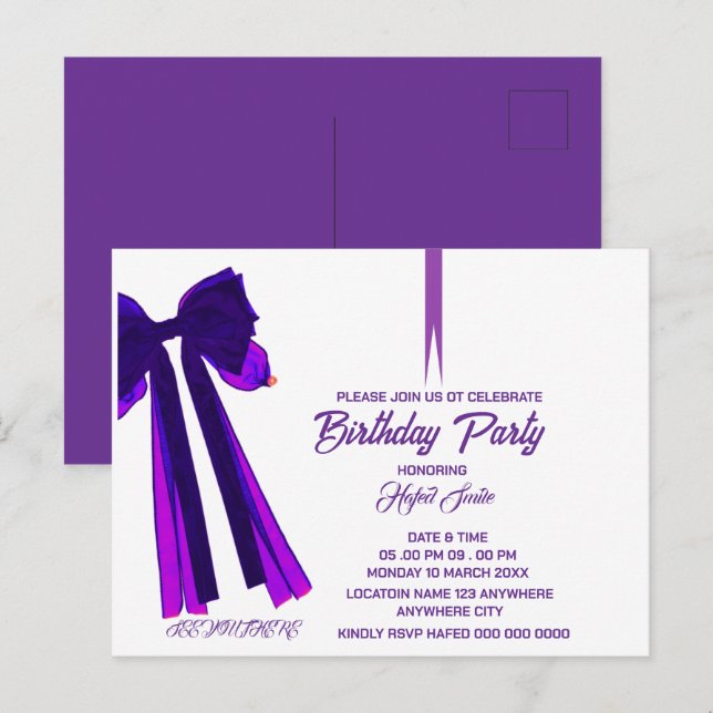 Editable Black Bow Birthday Invitation Template,  Postcard (Front/Back)