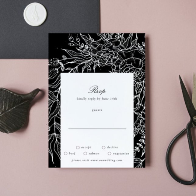 Editable Black Flower White Wreath Wedding RSVP Card (Creator Uploaded)