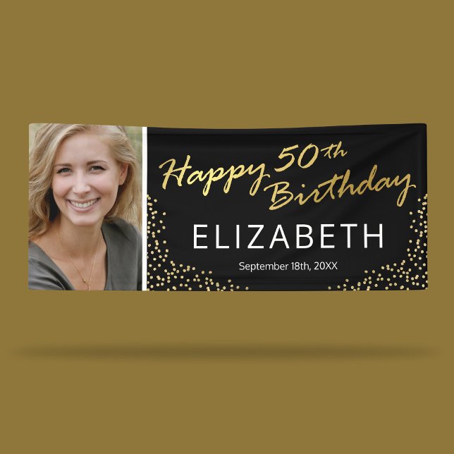 Editable Black Gold 50th Birthday Photo Banner (Creator Uploaded)