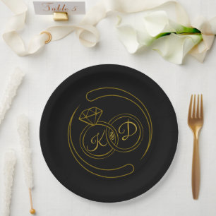 Editable Black Gold Engagement Paper Plate